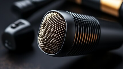 High end professional recording studio microphone, smooth metal mesh design, presented in low-key product photography, with a dark background highlighting its modern aesthetics.
