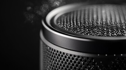 High end professional recording studio microphone, smooth metal mesh design, presented in low-key product photography, with a dark background highlighting its modern aesthetics.