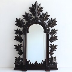Fototapeta premium Ornate Dark Wood Mirror with Intricate Leaf Carvings