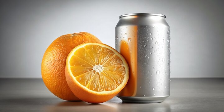 Refreshing Orange Soda Can with Sliced Orange - 33cl Can Stock Photo