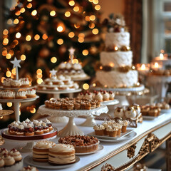 Christmas home party table, cake. A festive Christmas cake.