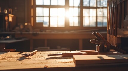A serene woodworking session in a sunlit workshop, Tools and timber arranged for crafting, Woodcraft style