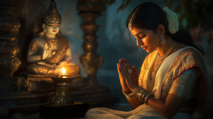 a Hindu woman wearing a white and gold sari sitting in prayer with folded hands in front of a statue of Lord Vishnu during Nirjala Ekadashi, Ai generated images