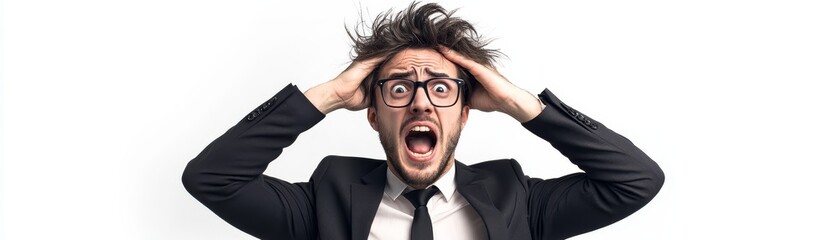 Businessman in distress office setting emotional reaction white background close-up humor