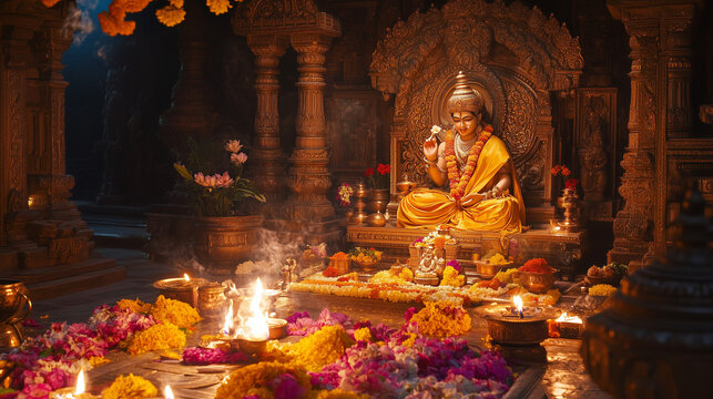 Hindu devotees praying inside a temple during Nirjala Ekadashi, altar filled with flower offerings, incense burning, and a statue of Lord Vishnu adorned with golden silk cloth, Ai generated images