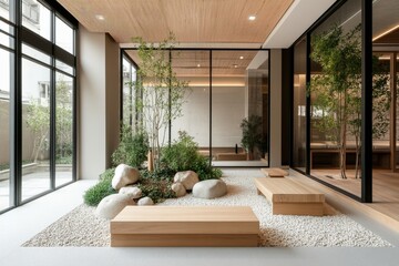 Fototapeta premium A serene indoor space featuring wooden benches, greenery, and pebbles, creating a tranquil, minimalist atmosphere.