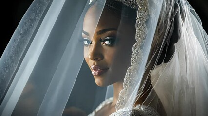Bridal Veil Mystery: A captivating portrait of a beautiful bride, her face partially obscured by a flowing veil, evokes a sense of mystery and anticipation.