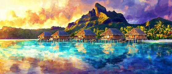 Dreamy Artistic Illustration of Bora Bora at Sunset
