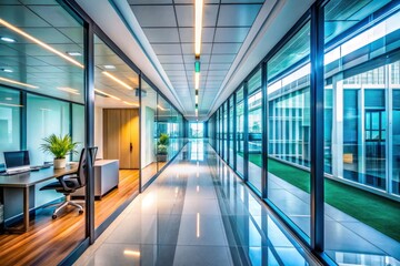 Sharp lines, reflective glass, a documentary view of modern office space.