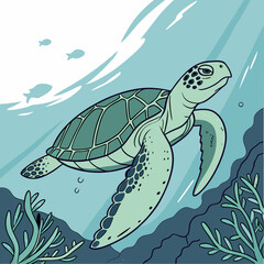 A serene green sea turtle swimming gracefully in clear blue water