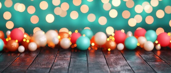 Obraz premium Festive Christmas Ornaments on Dark Wooden Table with Bokeh Lights