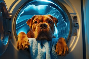 A dog is in a washing machine with a towel