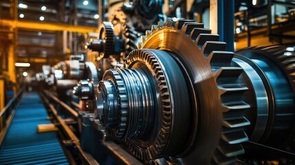 Fototapeta premium A detailed view of an industrial mill with large rotating gears and machinery, illustrating the complex processes of industrial production.