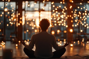 Obraz premium A silhouette of a person meditating in a serene space filled with soft, glowing lights, creating a peaceful and tranquil atmosphere.