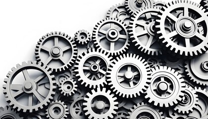 A streamlined background of abstract gears and cogwheels in grey and white, symbolizing precision engineering.