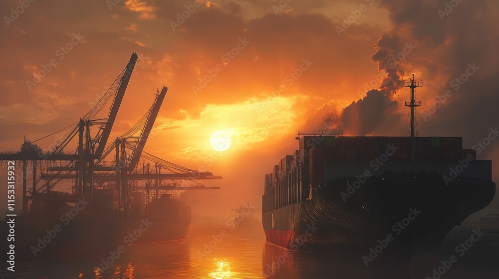 Poster a dramatic sunrise view of a cargo ship and cargo plane at a logistics hub, with cranes unloading co