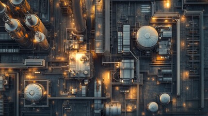 Aerial view of illuminated industrial complex at night.