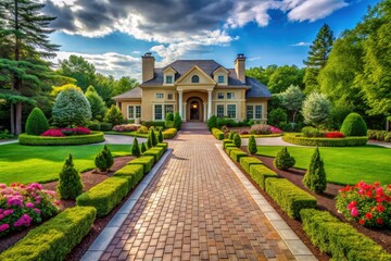 Naklejka premium Stately home entrance revitalized: contemporary landscaping, modern driveway design, and a stylish paver walkway.