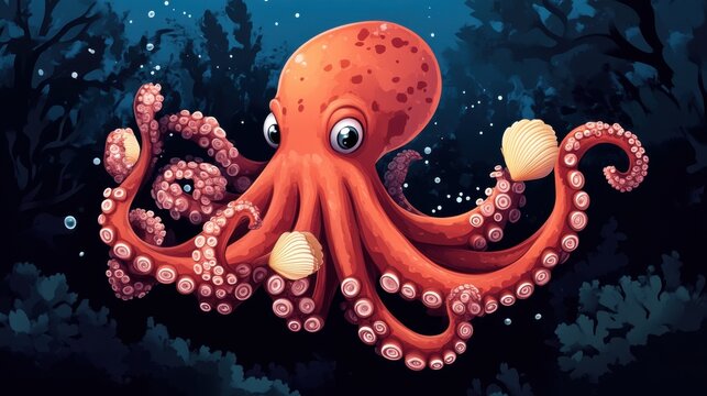 Cute cartoon octopus holding shells underwater.