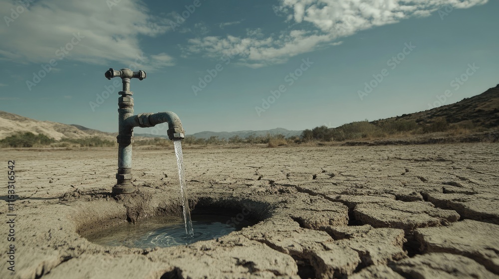 Poster a faucet in a drought-stricken area with no water running, signifying the devastating effects of wat