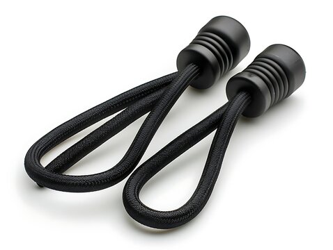 Two black elastic cords with plastic tips, isolated on white background.