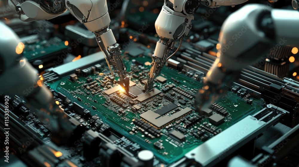 Aufkleber A fully automated PCB assembly line with robotic arms installing components on circuit boards, with a focus on quality control in electronics manufacturing.