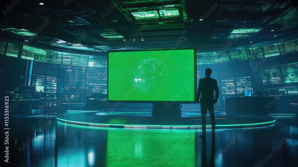 Poster a futuristic virtual news studio with a green screen background, designed for professional broadcast