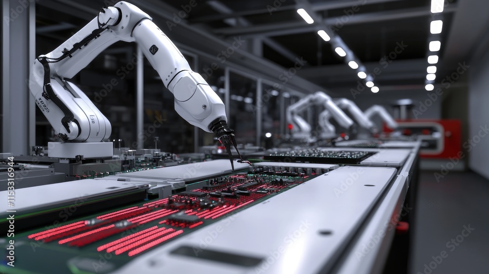 Poster A fully automated PCB assembly line with robotic arms installing components on circuit boards, with a focus on quality control in electronics manufacturing.