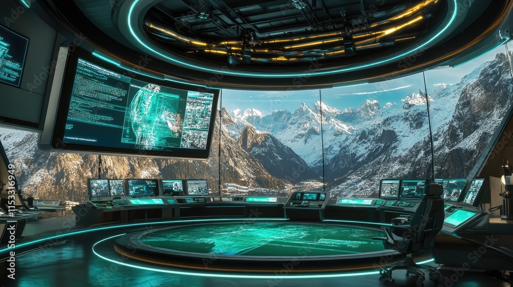 Poster a futuristic virtual news studio with a green screen background, designed for professional broadcast