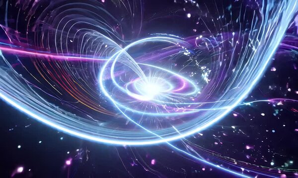 sci-fi teleportation effect with swirling neon light trails and particle bursts