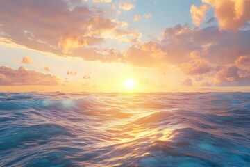 Obraz premium Ocean Waves Reflecting Sunset's Golden Hues, Serene Seascape at Dusk with Peaceful Sky