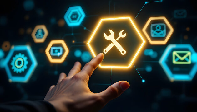 IT Support and Network Management, Technical Solutions and System Configuration, Digital Interface with IT Icons and Hand