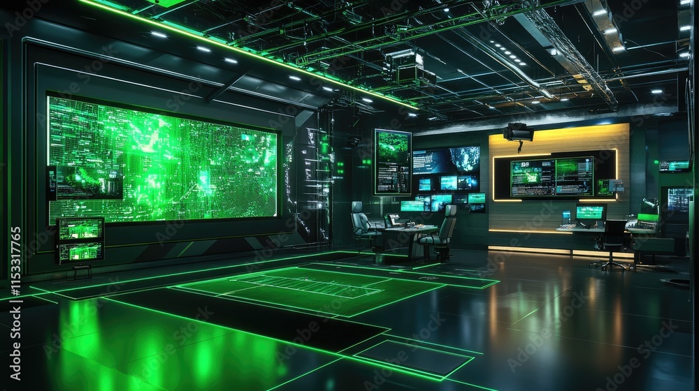 Poster A high-tech TV studio set with a green screen background, designed for virtual news programs and 3D rendering purposes.