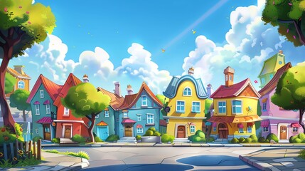 A cartoon illustration of a quaint, colorful street with houses, trees, and a blue sky.