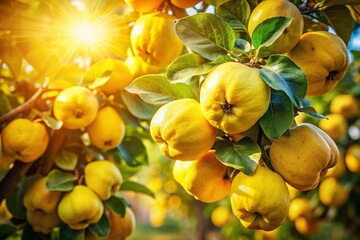 Fototapeta premium Ripe Yellow Quinces on Tree Branch, Sunny Garden, Rosaceae Fruit, Cydonia oblonga