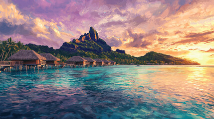 Dreamy Artistic Illustration of Bora Bora at Sunset