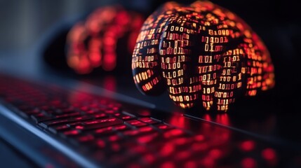 Digital hands on keyboard, binary code.