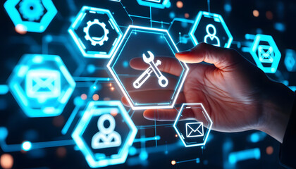 IT Support and Network Management, Technical Solutions and System Configuration, Digital Interface with IT Icons and Hand