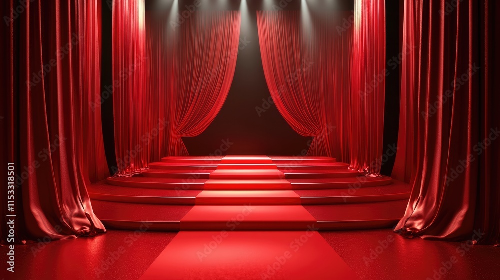 Poster A luxurious red carpet leading to a red stage with red curtains, creating an elegant and glamorous atmosphere for awards or events.