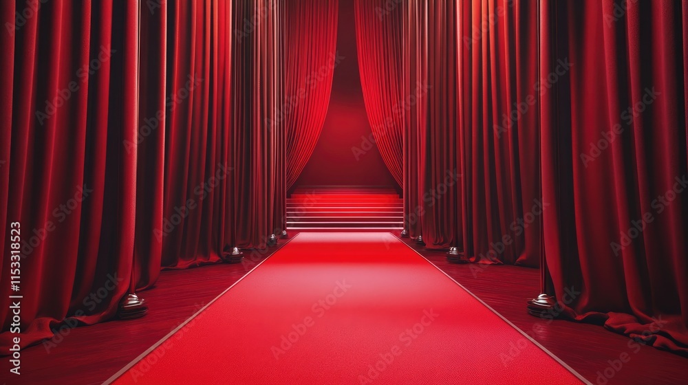 Aufkleber A luxurious red carpet leading to a red stage with red curtains, creating an elegant and glamorous atmosphere for awards or events.