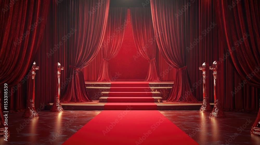 Poster a luxurious red carpet leading to a red stage with red curtains, creating an elegant and glamorous a