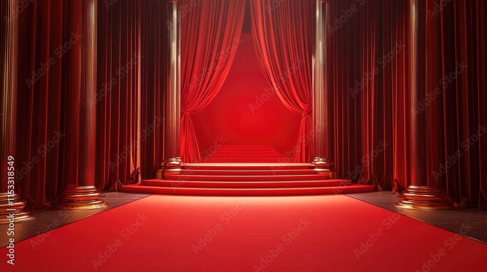 Poster a luxurious red carpet leading to a red stage with red curtains, creating an elegant and glamorous a