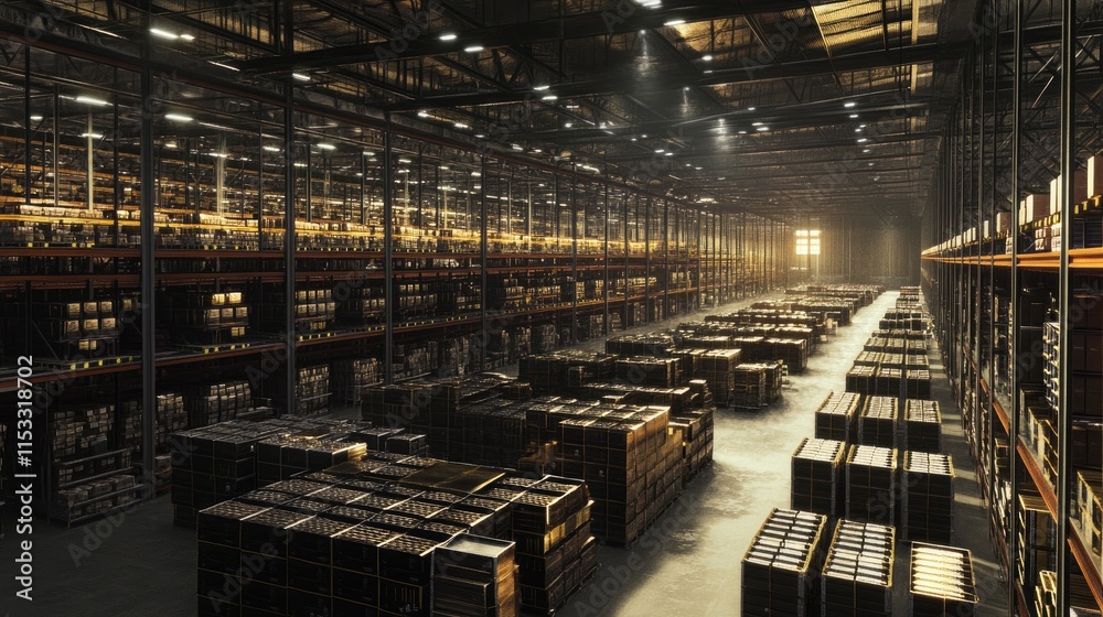 Poster a massive warehouse with high shelves and rows of stocked goods, emphasizing the scale and efficienc