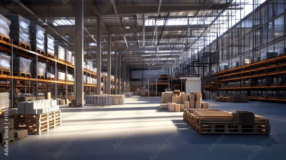 Poster a massive warehouse with high shelves and rows of stocked goods, emphasizing the scale and efficienc