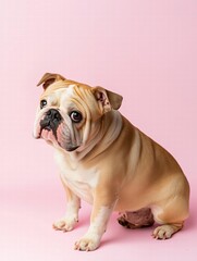Obraz premium Adorable fawn-colored Bulldog puppy sitting on a pink background.