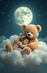 Dreamy Baby Boy Sleeping with Giant Teddy Bear on Fluffy Cloud Under Full Moon. Ethereal Night Sky Scene with Soft Glow Captures Magical Childhood Innocence.