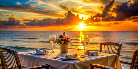 Fototapeta premium Romantic Sunset Dinner: Couple's Wine Toast at Oceanfront Table