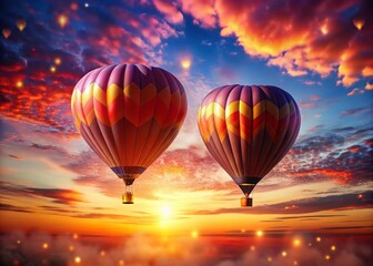 Obraz premium Romantic Sunset: Heart-Shaped Hot Air Balloons Soaring in Bokeh Sky