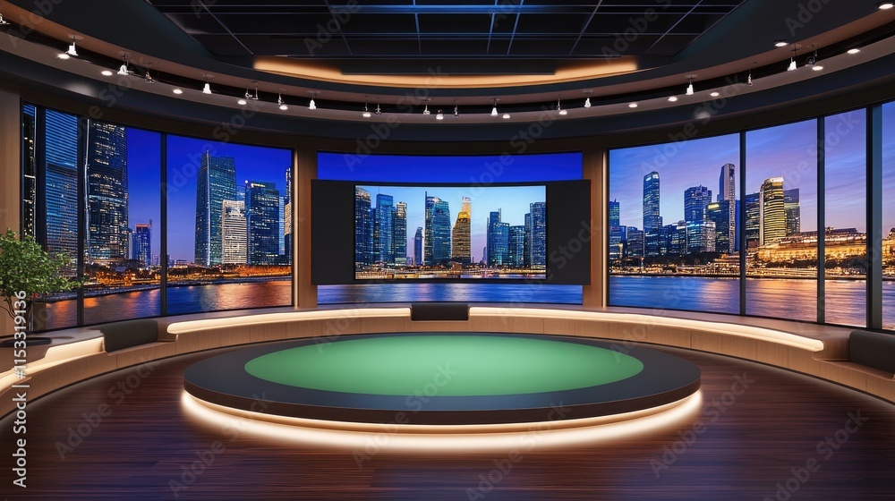 Poster a modern virtual tv studio set with a sleek green screen backdrop, ready for news broadcasts and 3d-