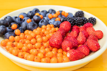Mixed various berries collected on the plot, assorted berries of blackberries, strawberries, blueberries, sea buckthorn. Colorful and healthy concept. Black, blue, red, green. close up